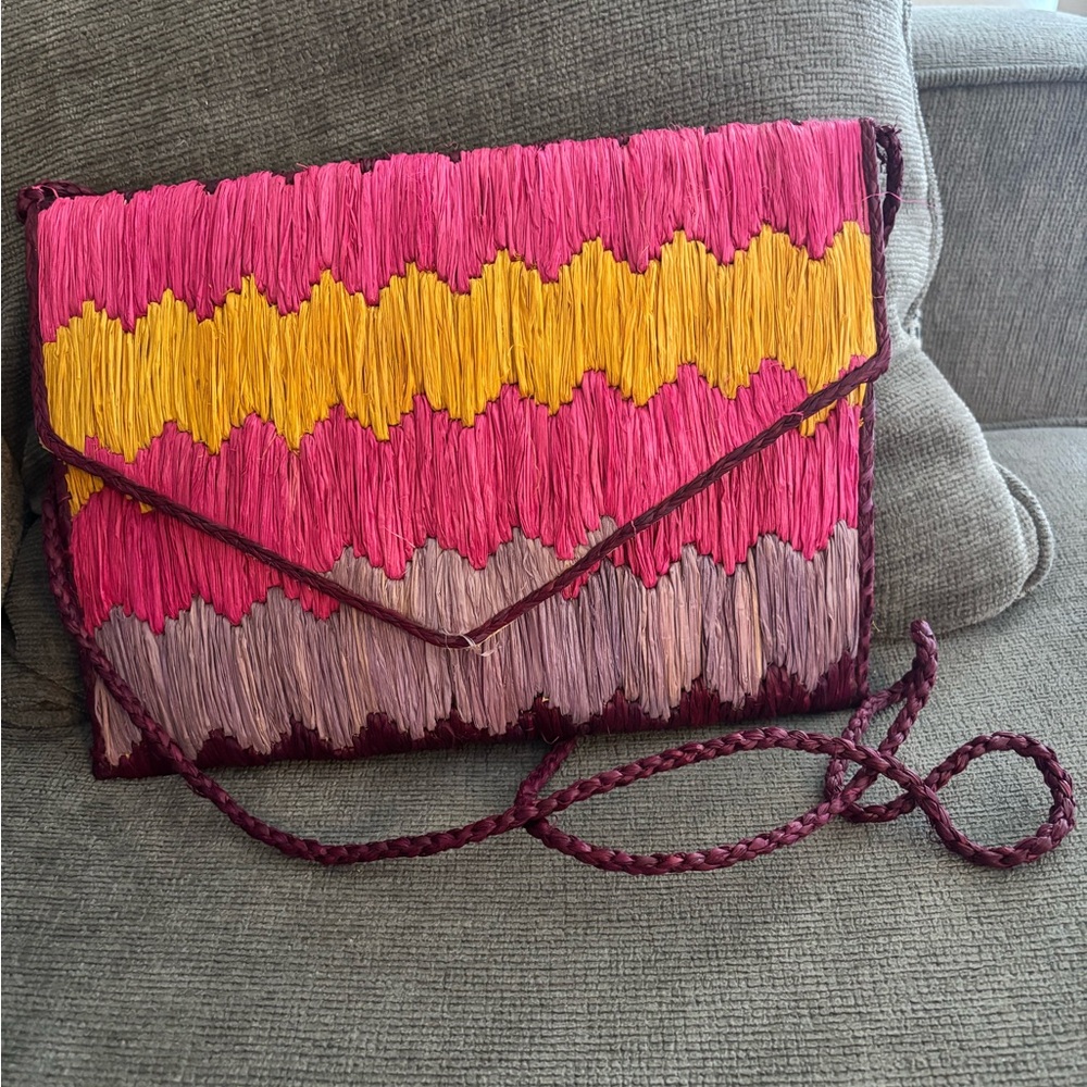 Pink and Yellow Fringe Crossbody Bag with Chevron Design